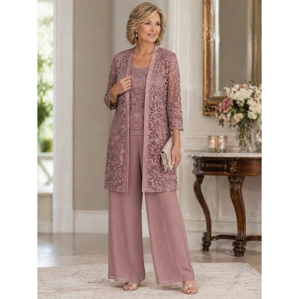 Oleg Cassini 3-Piece Evening Pant Suit Size 10 Mauve Lace Mother of the Bride‎